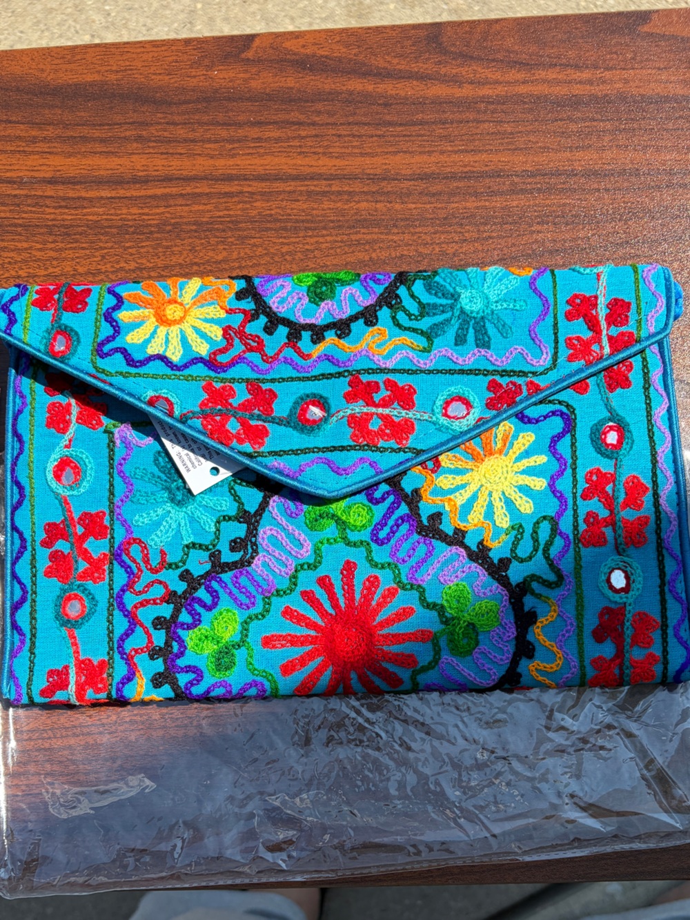 Turquoise Embroidered Floral Boho Envelope Crossbody Clutch Purse